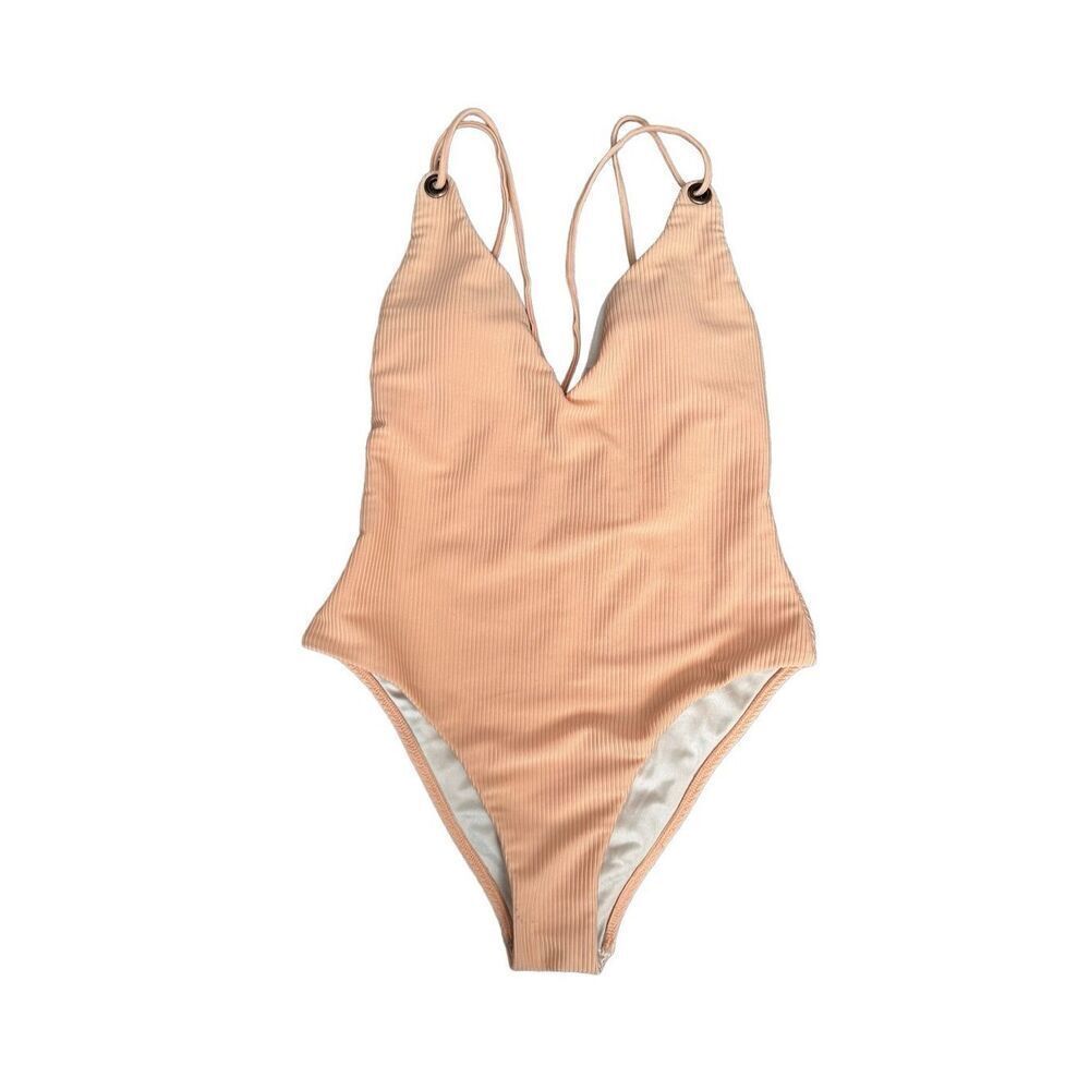 PacSun LA Hearts One Piece Women’s Swimsuit Peach Ribbed Strappy Low Cut Size M